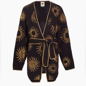 Farm Rio. Size Large. Black Gold Sequin Cardigan. New. Sweater. Removable Belt